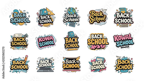 Bild auf Leinwand Back to School Collection: A vibrant compilation of 'Back to School' themed graphic elements, featuring playful typography, school supplies, and celebratory designs