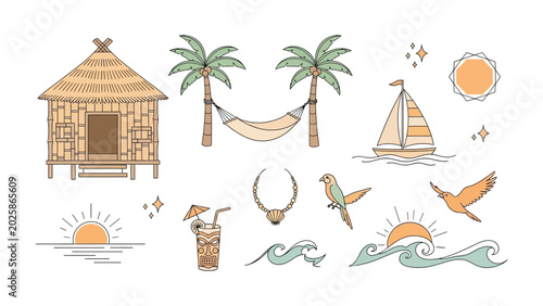 Fotografía Tropical Paradise Elements: A collection of illustrated elements depicting a tranquil tropical island paradise, featuring a thatched hut, palm trees with a hammock, a sailboat, exotic drinks