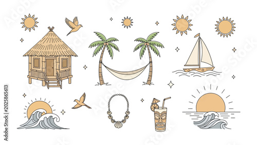 Tableau sur toile Tropical Paradise Icon Set: A collection of charming hand-drawn illustrations depicting idyllic tropical island elements including a thatched hut, palm trees with a hammock, a sailboat on the ocean