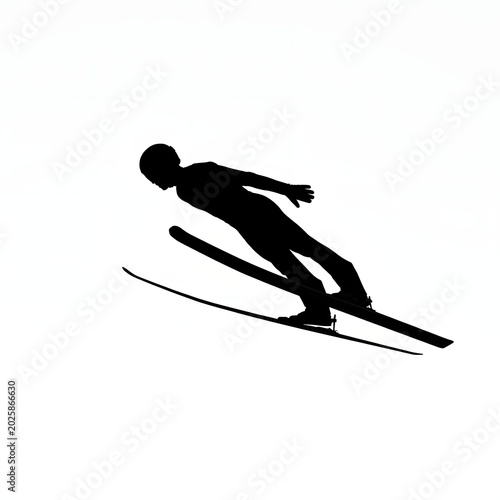 Ski jumper silhouette in action against white background for design