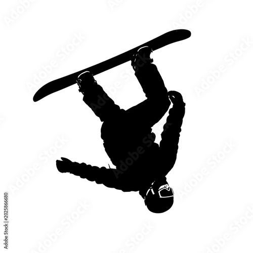 Snowboarder performing aerial maneuver isolated on white background silhouette