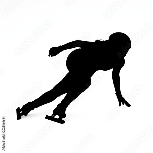 Silhouette of a speed skater gliding across a bright white background