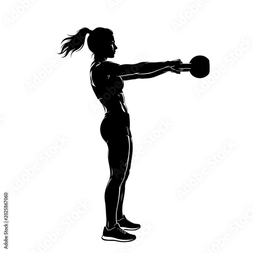 Woman exercising with kettlebell silhouette on white background