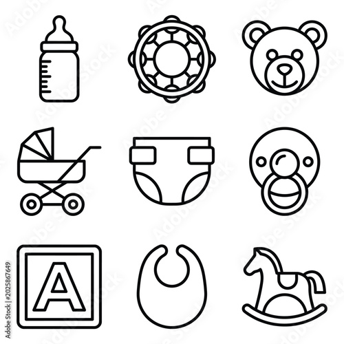 Baby and toddler related line icon set with pacifier stroller carriage alphabet childhood tambourine clothing