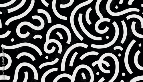 Abstract seamless background pattern with white wavy lines. Vector illustration featuring monochrome Memphis-style squiggles, curves, and dots on a solid black background.