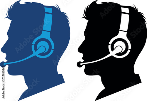 Customer service representative headset icons blue and black versions isolated on transparent background