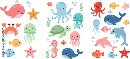 Photos Cute underwater sea animal cartoon vector illustration set featuring whale dolph