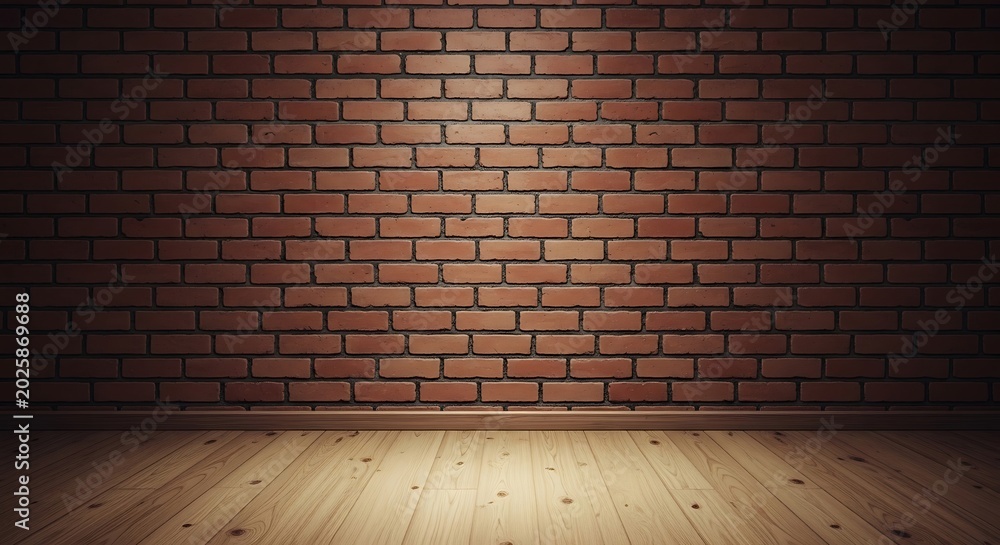 Fototapeta premium Empty room interior with red brick wall and hardwood flooring