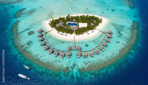 Aerial View of Luxury Tropical Island Resort with Overwater Villas. Beautiful aerial drone view of tropical island resort with overwater villas surrounded by turquoise lagoon and crystal clear ocean.
