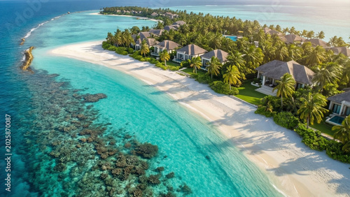 Aerial View of Luxury Tropical Island Resort with Overwater Villas. Beautiful aerial drone view of tropical island resort with overwater villas surrounded by turquoise lagoon and crystal clear ocean.
