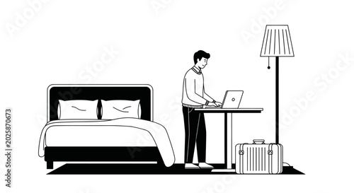 Fotografia Man Working on Laptop in Hotel Room Vector Illustration