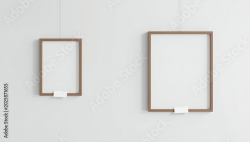Two empty wooden picture frames hanging on a clean white wall with small white labels attached
