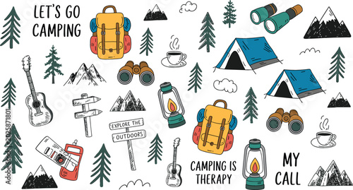 Tableau sur toile Set of wilderness explore the outdoors clip art graphics with let's go camping typography signs wooden pointers maps and nature survival equipment illustration pack