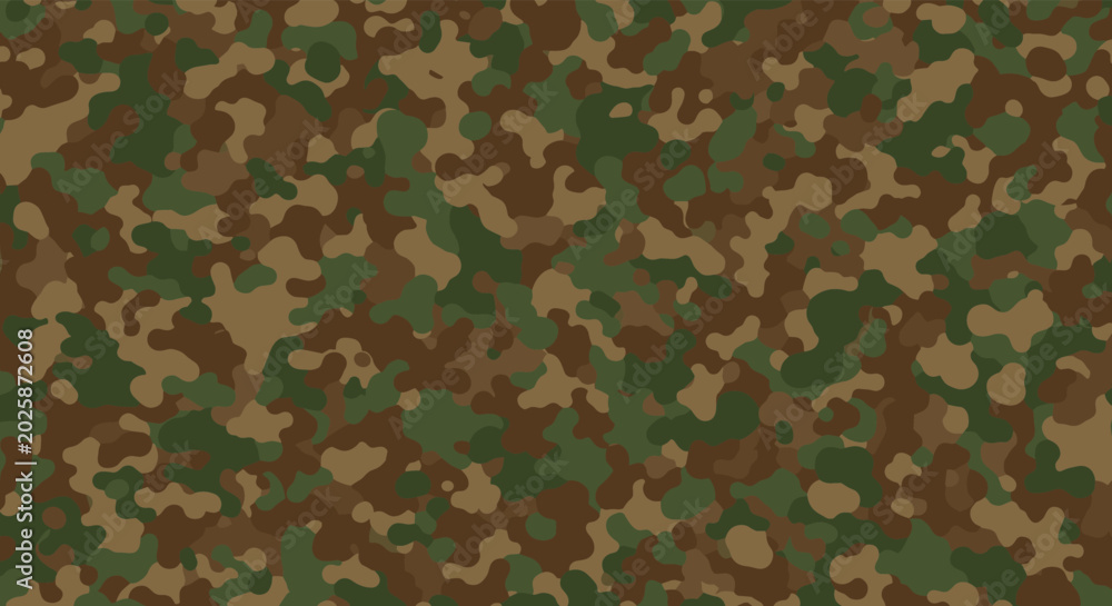 Fototapeta premium Classic forest camouflage pattern features interlocking splotches of dark green, olive, brown, and tan for concealment in nature.