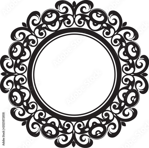 Black ornate circular frame with swirling floral patterns