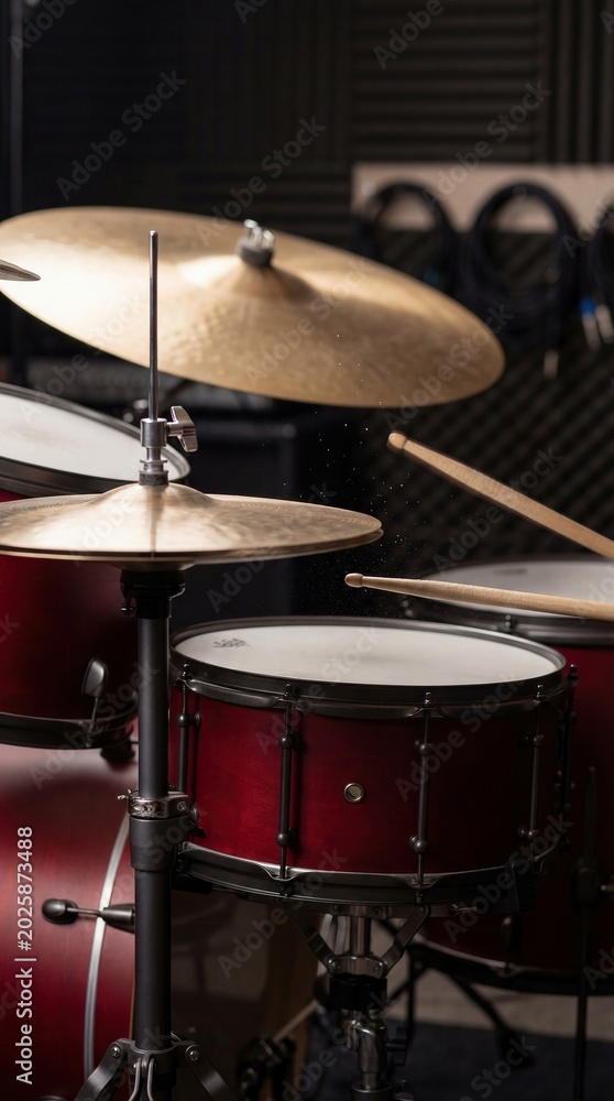 Obraz premium Red drum kit with cymbals and drumsticks in rehearsal studio closeup setup
