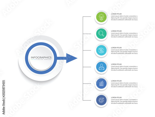 Infographic Venn Diagram chart template for business 6 circles arrow labels options, presentation with venn diagram elements vector illustration.