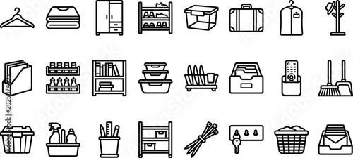 Household and organization icons set. Contain icons related to clothes hanger, wardrobe, shoe rack, toolbox and more. Editable stroke. Vector illustration