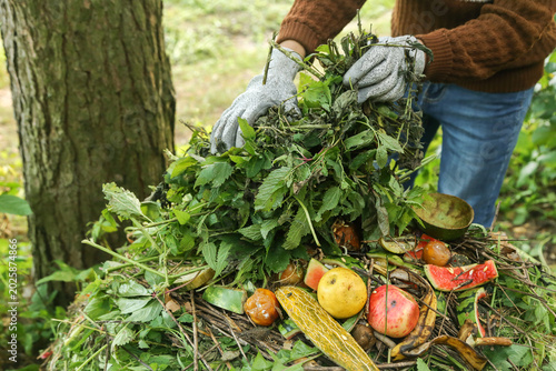 Zero waste, composting concept. Compost heap, pile with bio waste closeup in garden. Farmer hands put weeds grass plants, vegetable fruit scraps in compost