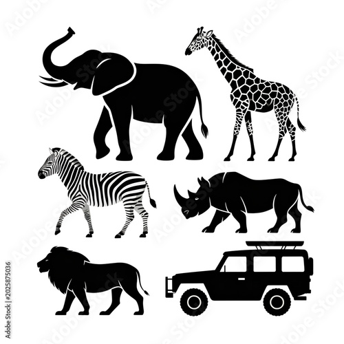 Photography Black silhouettes of safari animals and vehicle on transparent background