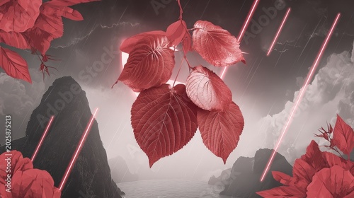 Striking Red Leaves with Stormy Landscape and Neon Accents