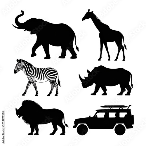 Photography Black silhouettes of safari animals and vehicle on transparent background