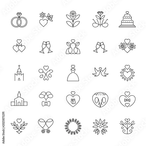 Wedding icons and symbols in line art style for celebration isolated on transparent background