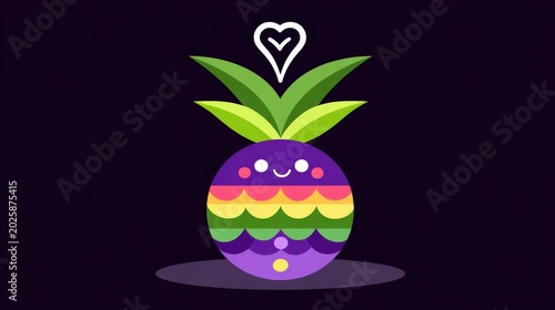 Cute Colorful Pineapple Character with Heart on Dark Background