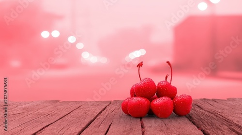 Fresh Red Cherries on Rustic Wood with Soft Blurred Background
