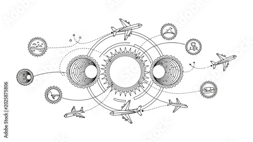 Foto Aerospace Technology Diagram: An intricate schematic illustrating the complex mechanics and interconnected systems of aerospace technology, featuring aircraft, gears, and orbital pathways