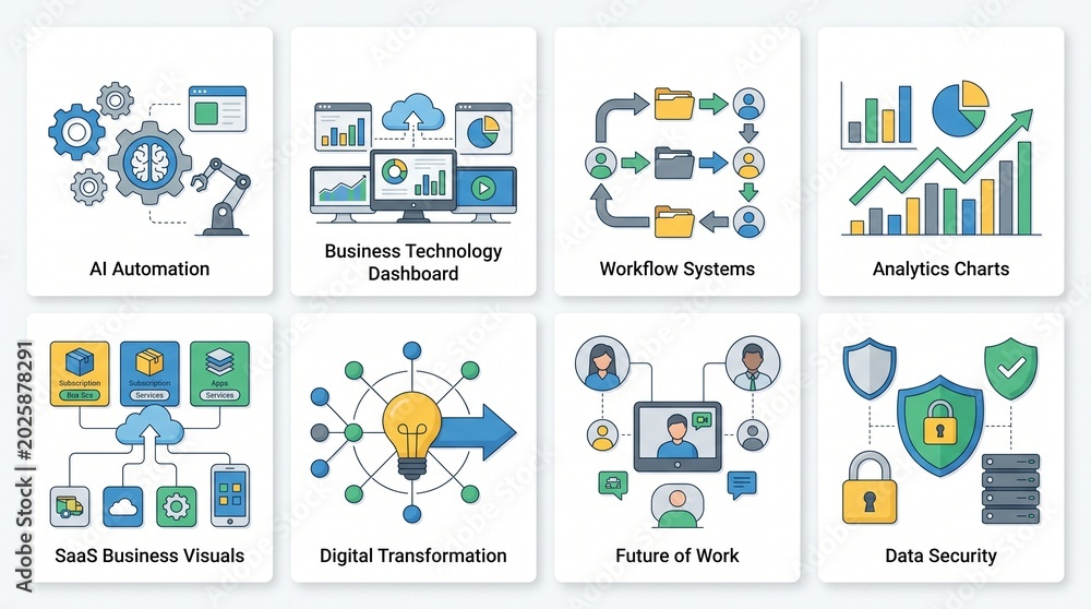 Fototapeta premium A collection of eight modern business and technology concept illustrations, including AI automation, data analytics, workflow systems, and digital transformation.