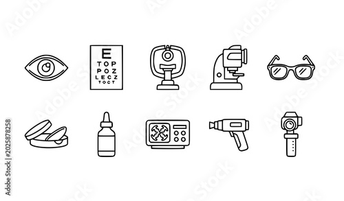 Bild auf Leinwand Vision Examination and Ophthalmology Outline Icons Set with Eye Care Medical Equ
