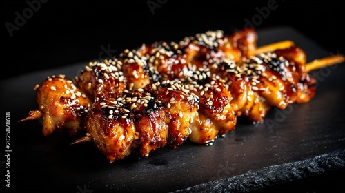 Korean food grilled chicken skewer Korean BBQ cuisine glazed chicken sesame seeds street food style minimal dark background cinematic lighting