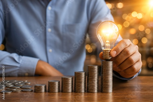 Person holding a glowing light bulb with stacks of coins arranged in ascending order on a table