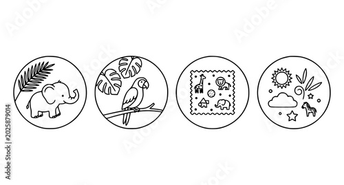Canvas Print Black and white line art illustrations of jungle animals and nature