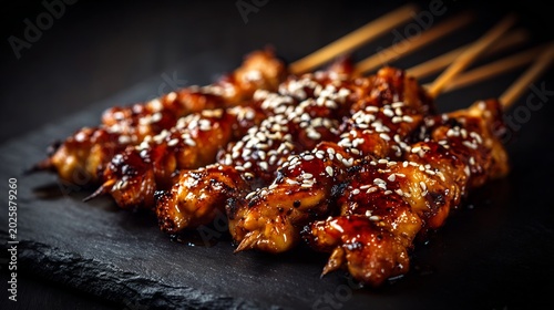 Korean food grilled chicken skewer Korean BBQ cuisine glazed chicken sesame seeds street food style minimal dark background cinematic lighting
