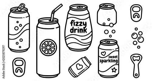 Bild auf Leinwand Black and white soda can collection with bottle opener and bubbles