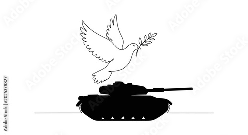 Obraz na plátne Peace Dove with Olive Branch Flying Over Black Tank Silhouette, Symbolizing Hope