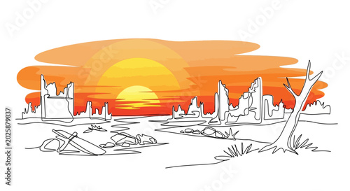 Tableau sur toile Post-apocalyptic city skyline at sunset, ruins and destroyed buildings, war afte