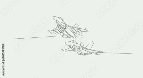 Modern fighter jets flying in formation, minimalist line art illustration