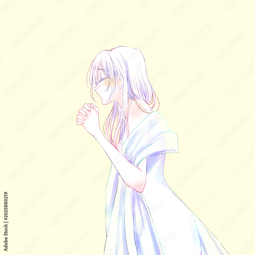 Fototapeta premium 両手を組む女性 天使 ストール 羽根 シルエット