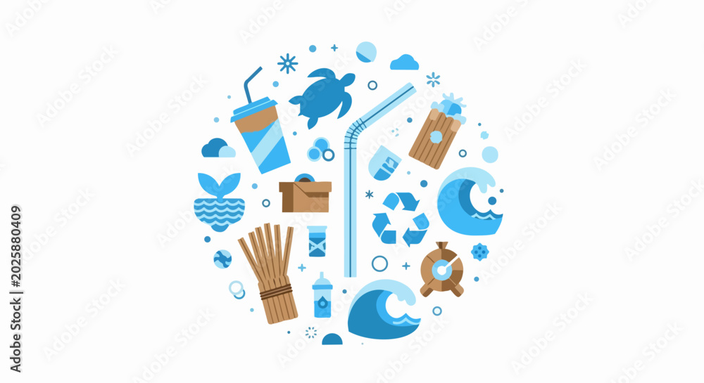 Fototapeta premium Ocean Conservation and Plastic Pollution Flat Icon Circular Concept for Sustainability and Zero Waste Design