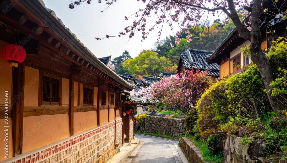 Fototapeta premium Picturesque traditional Korean hanok village street in springtime with blooming cherry blossoms and historic wooden houses