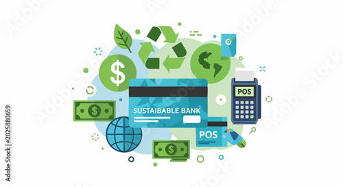 Green Sustainable Banking and Eco-friendly Finance Concept Illustration with Credit Card, POS Terminal, and Recycling Icons on White Background