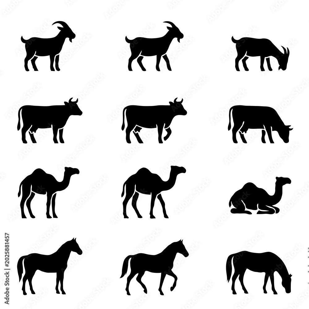 Fototapeta premium Set of farm and desert animal silhouettes
