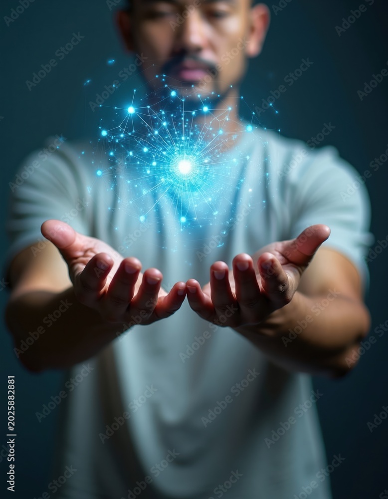 Obraz premium Man holding glowing digital network. Futuristic data streams connect in abstract light network. Concept of global tech connection and innovation.