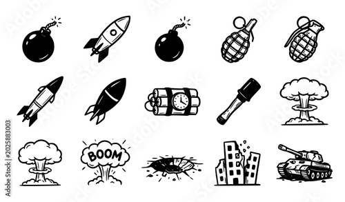 Photos Explosives and warfare icons set hand drawn style