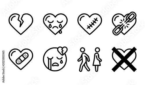 Foto Heartbreak and relationship problems line icons set