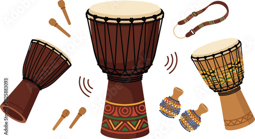 Fotografie African Djembe Drum Collection Vector Illustration with Traditional Percussion I