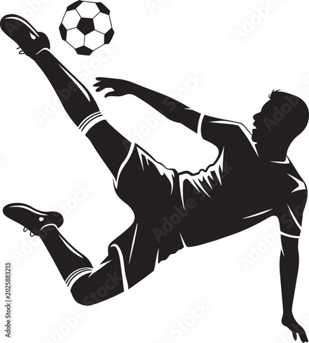 Obraz na plátně Silhouette of a soccer player kicking a ball mid-air in a dynamic pose, action s